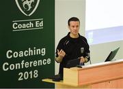 24 November 2018; Manager of UCD AFC Colin O'Neill speaks during the 2018 FAI Coach Education Conference at IT Carlow, in Carlow. Photo by Harry Murphy/Sportsfile