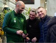 24 November 2018; Coach of Republic of Ireland U16, Paul Osam, manager of Bohemians, Keith Long, and assistant manager of Bohemians, Trevor Croly, register at the 2018 FAI Coach Education Conference at IT Carlow, in Carlow. Photo by Harry Murphy/Sportsfile