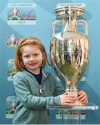 24 November 2018; Rebecca Condron, age 6, from Terenure, Dublin, with the Henri Delaunay Trophy at the National Football Exhibition at Dundrum Shopping Centre in Dundrum, Dublin. Photo by Seb Daly/Sportsfile