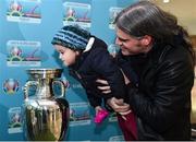 24 November 2018; Saoirse Stuart, age 3, from Skerries, Co. Dublin, with her father Peter, at the launch of the National Football Exhibition at Dundrum Shopping Centre in Dundrum, Dublin. Photo by Seb Daly/Sportsfile