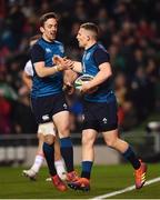 24 November 2018; Andrew Conway of Ireland celebrates after scoring his side's first try with Darren Sweetnam, left, during the Guinness Series International match between Ireland and USA at the Aviva Stadium in Dublin. Photo by Ramsey Cardy/Sportsfile