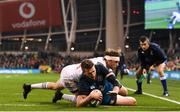 24 November 2018; Stuart McCloskey of Ireland scores his side's fifth try despite the tackle of Blaine Scully of USA during the Guinness Series International match between Ireland and USA at the Aviva Stadium in Dublin. Photo by Ramsey Cardy/Sportsfile