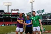 18 November 2018; Referee Colm Lyons with team captains Matthew O'Hanlon of Wexford and Declan Hannon  of Limerick before the Aer Lingus Fenway Hurling Classic 2018 semi-final match between Limerick and Wexford at Fenway Park in Boston, MA, USA. Photo by Piaras Ó Mídheach/Sportsfile