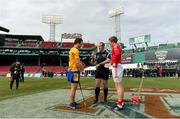 18 November 2018; Referee Johnny Murphy with team captains Patrick O'Connor of Clare and Bill Cooper of Cork before the Aer Lingus Fenway Hurling Classic 2018 semi-final match between Clare and Cork at Fenway Park in Boston, MA, USA. Photo by Piaras Ó Mídheach/Sportsfile