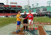 18 November 2018; Referee Johnny Murphy with team captains Patrick O'Connor of Clare and Bill Cooper of Cork before the Aer Lingus Fenway Hurling Classic 2018 semi-final match between Clare and Cork at Fenway Park in Boston, MA, USA. Photo by Piaras Ó Mídheach/Sportsfile