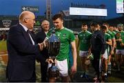 18 November 2018; Uachtarán Chumann Lúthchleas Gael John Horan with Declan Hannon  of Limerick after the Aer Lingus Fenway Hurling Classic 2018 Final match between Cork and Limerick at Fenway Park in Boston, MA, USA. Photo by Piaras Ó Mídheach/Sportsfile