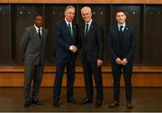25 November 2018; Newly appointed Republic of Ireland manager Mick McCarthy, second from right, with, from left, assistant coach Terry Connor, FAI Chief Executive John Delaney and assistant coach Robbie Keane, prior to a press conference at the Aviva Stadium in Dublin. Photo by Stephen McCarthy/Sportsfile