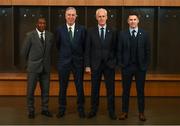 25 November 2018; Newly appointed Republic of Ireland manager Mick McCarthy, second from right, with, from left, assistant coach Terry Connor, FAI Chief Executive John Delaney and assistant coach Robbie Keane, prior to a press conference at the Aviva Stadium in Dublin. Photo by Stephen McCarthy/Sportsfile