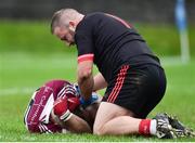 25 November 2018; Eire Og goalkeeper Robert Moore involved in a scuffle with Aidan McElligott of Mullinalaghta St Columba's before he was sent off by referee Anthony Nolan during the AIB Leinster GAA Football Senior Club Championship semi-final match between Mullinalaghta St. Columba's and Eire Og at Glennon Brothers Pearse Park in Longford. Photo by Matt Browne/Sportsfile
