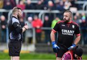 25 November 2018; Robert Moore of Eire Og is sent off by referee Anthony Nolan during the AIB Leinster GAA Football Senior Club Championship semi-final match between Mullinalaghta St. Columba's and Eire Og at Glennon Brothers Pearse Park in Longford. Photo by Matt Browne/Sportsfile