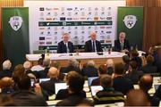 25 November 2018; Newly appointed Republic of Ireland manager Mick McCarthy, centre, with FAI High Performance Director, Ruud Dokter, right, and John Delaney, CEO, Football Association of Ireland, during a press conference at the Aviva Stadium in Dublin. Photo by Stephen McCarthy/Sportsfile