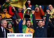 25 November 2018; Michael Lundy, left, and Ciaran McGrath of Corofin lift the trophy following the AIB Connacht GAA Football Senior Club Championship Final match between Ballintubber and Corofin at Elvery's MacHale Park in Castlebar, Mayo. Photo by David Fitzgerald/Sportsfile