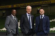 25 November 2018; Newly appointed Republic of Ireland manager Mick McCarthy, centre, with assistants Terry Connor, left, and Robbie Keane following a press conference at the Aviva Stadium in Dublin. Photo by Ramsey Cardy/Sportsfile