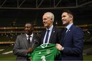 25 November 2018; Newly appointed Republic of Ireland manager Mick McCarthy, centre, with assistant coaches Terry Connor, left, and Robbie Keane following a press conference at the Aviva Stadium in Dublin. Photo by Stephen McCarthy/Sportsfile