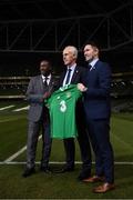 25 November 2018; Newly appointed Republic of Ireland manager Mick McCarthy, centre, with assistant coaches Terry Connor, left, and Robbie Keane following a press conference at the Aviva Stadium in Dublin. Photo by Stephen McCarthy/Sportsfile