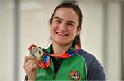 25 November 2018; World Champion Kellie Harrington with her gold medal on Team Ireland's return from AIBA Women's World Boxing Championship at Dublin Airport, Dublin. Photo by Brendan Moran/Sportsfile