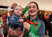 25 November 2018; World Champion Kellie Harrington with cousin Erin Duffy, age 10 months, and her gold medal on Team Ireland's return from AIBA Women's World Boxing Championship at Dublin Airport, Dublin. Photo by Brendan Moran/Sportsfile