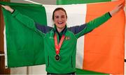 25 November 2018; World Champion Kellie Harrington with her gold medal on Team Ireland's return from AIBA Women's World Boxing Championship at Dublin Airport, Dublin. Photo by Brendan Moran/Sportsfile