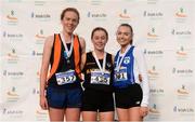 25 November 2018; Race winner Sarah Healy of Blackrock A.C.Dublin Co. Dublin, centre, second place Emma O'Brien of Sli Cualann A.C. Co. Wicklow, left, and Jodie Mccann of Dublin City Harriers A.C. Co. Dublin, right, after competing in the Girls 4000m during the Irish Life Health National Senior & Junior Cross Country Championships at National Sports Campus in Abbottstown, Dublin. Photo by Harry Murphy/Sportsfile