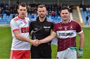 25 November 2018; Referee Anthony Nolan with Sean Gannon captain of Eire Og and Shane Mulligan captain of Mullinalaghta St Columba's before the AIB Leinster GAA Football Senior Club Championship semi-final match between Mullinalaghta St. Columba's and Eire Og at Glennon Brothers Pearse Park in Longford. Photo by Matt Browne/Sportsfile