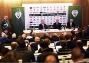 25 November 2018; Newly appointed Republic of Ireland manager Mick McCarthy, centre, with John Delaney, CEO, Football Association of Ireland, and FAI High Performance Director, Ruud Dokter, right, during a press conference at Aviva Stadium in Dublin. Photo by Stephen McCarthy/Sportsfile