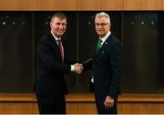 26 November 2018; Newly appointed Republic of Ireland U21 manager Stephen Kenny, left, with FAI High Performace Director Ruud Dokter ahead of a press conference at Aviva Stadium in Dublin. Photo by Stephen McCarthy/Sportsfile