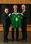 26 November 2018; Newly appointed Republic of Ireland U21 manager Stephen Kenny, centre, with FAI President Donal Conway, left, and FAI High Performace Director Ruud Dokter ahead of a press conference at Aviva Stadium in Dublin. Photo by Stephen McCarthy/Sportsfile