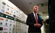 26 November 2018; Newly appointed Republic of Ireland U21 manager Stephen Kenny is interviewed following a a press conference at Aviva Stadium in Dublin. Photo by Stephen McCarthy/Sportsfile