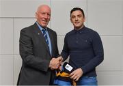 26 November 2018; Brian Mullins, Director of Sport, UCD, presents footballer Gary Walshe of Ballylinan and Laois with a UCD scarf during the UCD GAA Sports Scholarship Presentation 2018/2019 at UCD in Dublin. Photo by Piaras Ó Mídheach/Sportsfile