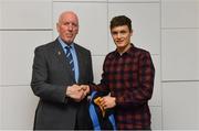 26 November 2018; Brian Mullins, Director of Sport, UCD, presents hurler Michael Purcell of Thurles Sarsfields and Tipperary with a UCD scarf during the UCD GAA Sports Scholarship Presentation 2018/2019 at UCD in Dublin. Photo by Piaras Ó Mídheach/Sportsfile