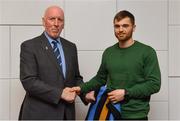 26 November 2018; Brian Mullins, Director of Sport, UCD, presents footballer Liam Silke of Corofin and Galway with a UCD scarf during the UCD GAA Sports Scholarship Presentation 2018/2019 at UCD in Dublin. Photo by Piaras Ó Mídheach/Sportsfile