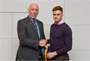 26 November 2018; Brian Mullins, Director of Sport, UCD, presents footballer Conor Meyler of Omagh St. Enda’s and Tyrone with a UCD scarf during the UCD GAA Sports Scholarship Presentation 2018/2019 at UCD in Dublin. Photo by Piaras Ó Mídheach/Sportsfile