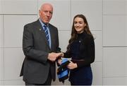 26 November 2018; Brian Mullins, Director of Sport, UCD, presents ladies football player Catherine Dolan of Lurgan and Cavan with a UCD scarf during the UCD GAA Sports Scholarship Presentation 2018/2019 at UCD in Dublin. Photo by Piaras Ó Mídheach/Sportsfile