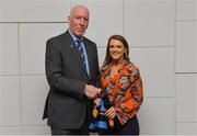 26 November 2018; Brian Mullins, Director of Sport, UCD, presents ladies football player Niamh Carr of Milford and Donegal with a UCD scarf during the UCD GAA Sports Scholarship Presentation 2018/2019 at UCD in Dublin. Photo by Piaras Ó Mídheach/Sportsfile