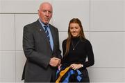 26 November 2018; Brian Mullins, Director of Sport, UCD, presents Isabelle Costelloe of Faughs and Dublin with a UCD scarf during the UCD GAA Sports Scholarship Presentation 2018/2019 at UCD in Dublin. Photo by Piaras Ó Mídheach/Sportsfile