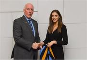 26 November 2018; Brian Mullins, Director of Sport, UCD, presents camogie player Alex Griffin of Na Fianna and Dublin with a UCD scarf during the UCD GAA Sports Scholarship Presentation 2018/2019 at UCD in Dublin. Photo by Piaras Ó Mídheach/Sportsfile