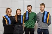 26 November 2018; Sisters Catherine Costelloe, left, Isabelle Costelloe of Faugh's and Dublin and Brothers Liam Silke, left, and Darragh Silke of Corofin and Galway, with their UCD scarves at the UCD GAA Sports Scholarship Presentation 2018/2019 at UCD in Dublin. Photo by Piaras Ó Mídheach/Sportsfile