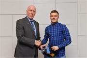26 November 2018; Brian Mullins, Director of Sport, UCD, presents footballer Conor McCarthy of Scotstown and Monaghan with a UCD scarf during the UCD GAA Sports Scholarship Presentation 2018/2019 at UCD in Dublin. Photo by Piaras Ó Mídheach/Sportsfile