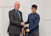 26 November 2018; Brian Mullins, Director of Sport, UCD, presents Eoghan McGrath of Kilcummin and Mayo with a UCD scarf during the UCD GAA Sports Scholarship Presentation 2018/2019 at UCD in Dublin. Photo by Piaras Ó Mídheach/Sportsfile
