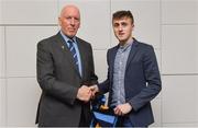 26 November 2018; Brian Mullins, Director of Sport, UCD, presents Aaron Mohan of Truagh and Monaghan with a UCD scarf during the UCD GAA Sports Scholarship Presentation 2018/2019 at UCD in Dublin. Photo by Piaras Ó Mídheach/Sportsfile