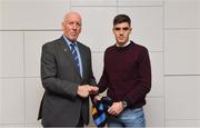 26 November 2018; Brian Mullins, Director of Sport, UCD, presents Tom Leo O'Sullivan of Dingle and Kerry with a UCD scarf during the UCD GAA Sports Scholarship Presentation 2018/2019 at UCD in Dublin. Photo by Piaras Ó Mídheach/Sportsfile