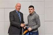 26 November 2018; Brian Mullins, Director of Sport, UCD, presents Gary Allen of Dunlavin and Wicklow with a UCD scarf during the UCD GAA Sports Scholarship Presentation 2018/2019 at UCD in Dublin. Photo by Piaras Ó Mídheach/Sportsfile