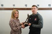 27 November 2018; Patrick McEleney of Dundalk is presented with his SSE Airtricity/SWAI Player of the Month award for October by Leanne Sheill from SSE Airtricity at Oriel Park in Dundalk, Co Louth. Photo by Eóin Noonan/Sportsfile