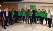 25 November 2018; World Champion Kellie Harrington with her gold medal and the rest of the team and officials on Team Ireland's return from AIBA Women's World Boxing Championship at Dublin Airport, Dublin. Photo by Brendan Moran/Sportsfile