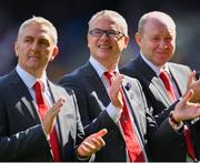 2 September 2018; Damien Cassidy, left, Joe Brolly, centre, and Seamus Downey of the Derry 1993 All-Ireland winning Jubilee team as the team are honoured prior to the GAA Football All-Ireland Senior Championship Final match between Dublin and Tyrone at Croke Park in Dublin. Photo by Ramsey Cardy/Sportsfile