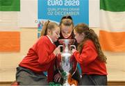 28 November 2018; Former Republic of Ireland midfielder Keith Andrews, Jessica Ziu of Republic of Ireland and Shelbourne, and Lord Mayor of Dublin Nial Ring brought the the iconic Henri Delaunay trophy to visit St Joseph's Co-Education Primary School, East Wall, to mark Dublin’s hosting of the UEFA EURO 2020 Qualifying Group Draw at the Convention Centre on Sunday, December 2nd. To celebrate the Qualifying Draw, Dublin City Council and the FAI will hold three ‘Street Legends’ community football events at Aughrim St Community Hall (Wednesday, November 28th), Mountjoy Square South (Thursday, November 29th) and Commons Street (Saturday, December 1st). The hosting of the Qualifying Draw will also coincide with the launch of the National Football Exhibition at the Printworks, Dublin Castle, which will open to the public on Sunday, December 2nd 2018. The Exhibition will be home to a number of elements with historical significance to Irish football. Four tournament games will be hosted at Dublin’s Aviva Stadium during UEFA EURO 2020, the largest sporting event to ever be hosted in the country. Pictured with the Henri Delaunay trophy are pupils of St Joseph's Co-Education Primary School, East Wall, from left, Amber McCarthy, Sophie Duffy and Courtney Kenny. Photo by Stephen McCarthy/Sportsfile