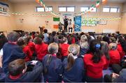 28 November 2018; Former Republic of Ireland midfielder Keith Andrews, Jessica Ziu of Republic of Ireland and Shelbourne, and Lord Mayor of Dublin Nial Ring brought the the iconic Henri Delaunay trophy to visit St Joseph's Co-Education Primary School, East Wall, to mark Dublin’s hosting of the UEFA EURO 2020 Qualifying Group Draw at the Convention Centre on Sunday, December 2nd. To celebrate the Qualifying Draw, Dublin City Council and the FAI will hold three ‘Street Legends’ community football events at Aughrim St Community Hall (Wednesday, November 28th), Mountjoy Square South (Thursday, November 29th) and Commons Street (Saturday, December 1st). The hosting of the Qualifying Draw will also coincide with the launch of the National Football Exhibition at the Printworks, Dublin Castle, which will open to the public on Sunday, December 2nd 2018. The Exhibition will be home to a number of elements with historical significance to Irish football. Four tournament games will be hosted at Dublin’s Aviva Stadium during UEFA EURO 2020, the largest sporting event to ever be hosted in the country. Photo by Stephen McCarthy/Sportsfile