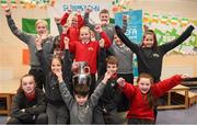 28 November 2018; Former Republic of Ireland midfielder Keith Andrews, Jessica Ziu of Republic of Ireland and Shelbourne, and Lord Mayor of Dublin Nial Ring brought the the iconic Henri Delaunay trophy to visit St Joseph's Co-Education Primary School, East Wall, to mark Dublin’s hosting of the UEFA EURO 2020 Qualifying Group Draw at the Convention Centre on Sunday, December 2nd. To celebrate the Qualifying Draw, Dublin City Council and the FAI will hold three ‘Street Legends’ community football events at Aughrim St Community Hall (Wednesday, November 28th), Mountjoy Square South (Thursday, November 29th) and Commons Street (Saturday, December 1st). The hosting of the Qualifying Draw will also coincide with the launch of the National Football Exhibition at the Printworks, Dublin Castle, which will open to the public on Sunday, December 2nd 2018. The Exhibition will be home to a number of elements with historical significance to Irish football. Four tournament games will be hosted at Dublin’s Aviva Stadium during UEFA EURO 2020, the largest sporting event to ever be hosted in the country. Pictured with the Henri Delaunay trophy are pupils of St Joseph's Co-Education Primary School, East Wall. Photo by Stephen McCarthy/Sportsfile