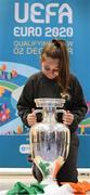 28 November 2018; Former Republic of Ireland midfielder Keith Andrews, Jessica Ziu of Republic of Ireland and Shelbourne, and Lord Mayor of Dublin Nial Ring brought the the iconic Henri Delaunay trophy to visit St Joseph's Co-Education Primary School, East Wall, to mark Dublin’s hosting of the UEFA EURO 2020 Qualifying Group Draw at the Convention Centre on Sunday, December 2nd. To celebrate the Qualifying Draw, Dublin City Council and the FAI will hold three ‘Street Legends’ community football events at Aughrim St Community Hall (Wednesday, November 28th), Mountjoy Square South (Thursday, November 29th) and Commons Street (Saturday, December 1st). The hosting of the Qualifying Draw will also coincide with the launch of the National Football Exhibition at the Printworks, Dublin Castle, which will open to the public on Sunday, December 2nd 2018. The Exhibition will be home to a number of elements with historical significance to Irish football. Four tournament games will be hosted at Dublin’s Aviva Stadium during UEFA EURO 2020, the largest sporting event to ever be hosted in the country. Pictured with the Henri Delaunay trophy is Karla Paula Varga of St Joseph's Co-Education Primary School, East Wall. Photo by Stephen McCarthy/Sportsfile