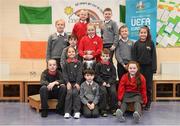 28 November 2018; Former Republic of Ireland midfielder Keith Andrews, Jessica Ziu of Republic of Ireland and Shelbourne, and Lord Mayor of Dublin Nial Ring brought the the iconic Henri Delaunay trophy to visit St Joseph's Co-Education Primary School, East Wall, to mark Dublin’s hosting of the UEFA EURO 2020 Qualifying Group Draw at the Convention Centre on Sunday, December 2nd. To celebrate the Qualifying Draw, Dublin City Council and the FAI will hold three ‘Street Legends’ community football events at Aughrim St Community Hall (Wednesday, November 28th), Mountjoy Square South (Thursday, November 29th) and Commons Street (Saturday, December 1st). The hosting of the Qualifying Draw will also coincide with the launch of the National Football Exhibition at the Printworks, Dublin Castle, which will open to the public on Sunday, December 2nd 2018. The Exhibition will be home to a number of elements with historical significance to Irish football. Four tournament games will be hosted at Dublin’s Aviva Stadium during UEFA EURO 2020, the largest sporting event to ever be hosted in the country. Pictured with the Henri Delaunay trophy are pupils of St Joseph's Co-Education Primary School, East Wall. Photo by Stephen McCarthy/Sportsfile